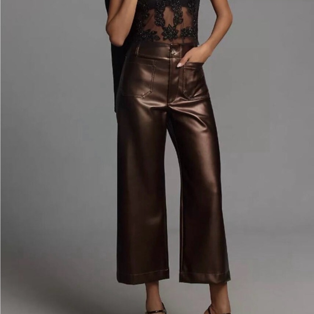 Anthropologie Maeve Colette metallic Faux-Leather Wide-Leg Pants in Dark Brown
